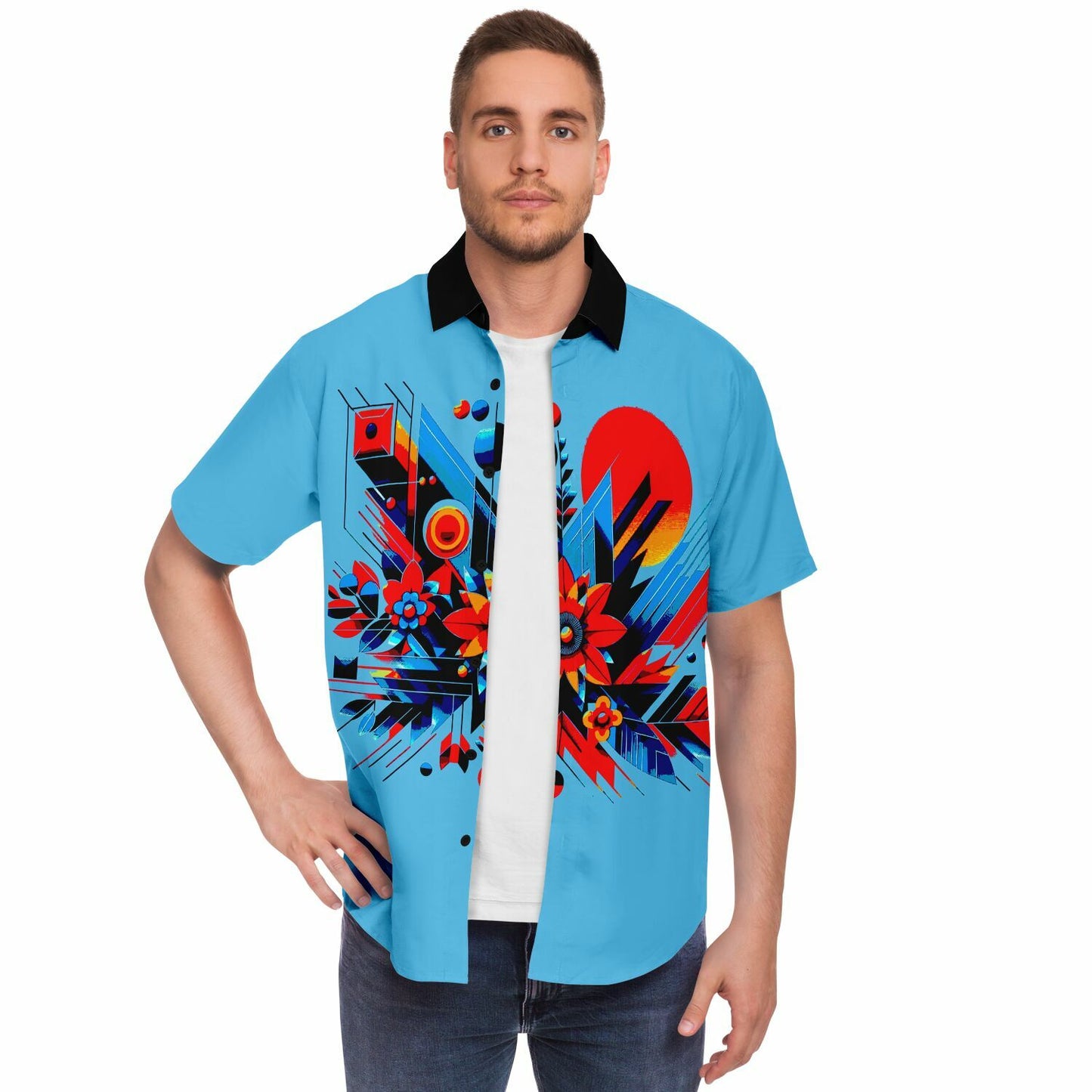 “Kaleidoscopic Bloom: Men’s Vibrant Geometric Floral Short Sleeve Button Down Shirt”