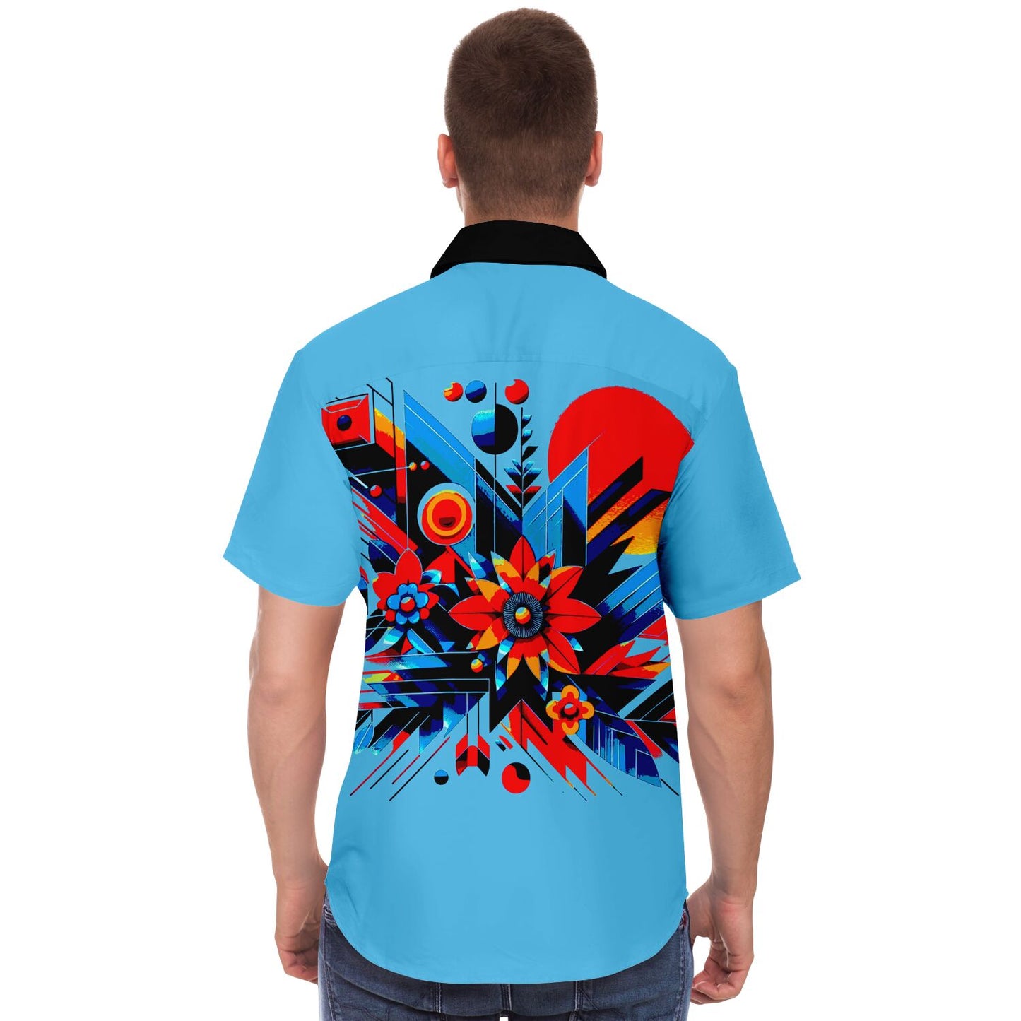 “Kaleidoscopic Bloom: Men’s Vibrant Geometric Floral Short Sleeve Button Down Shirt”