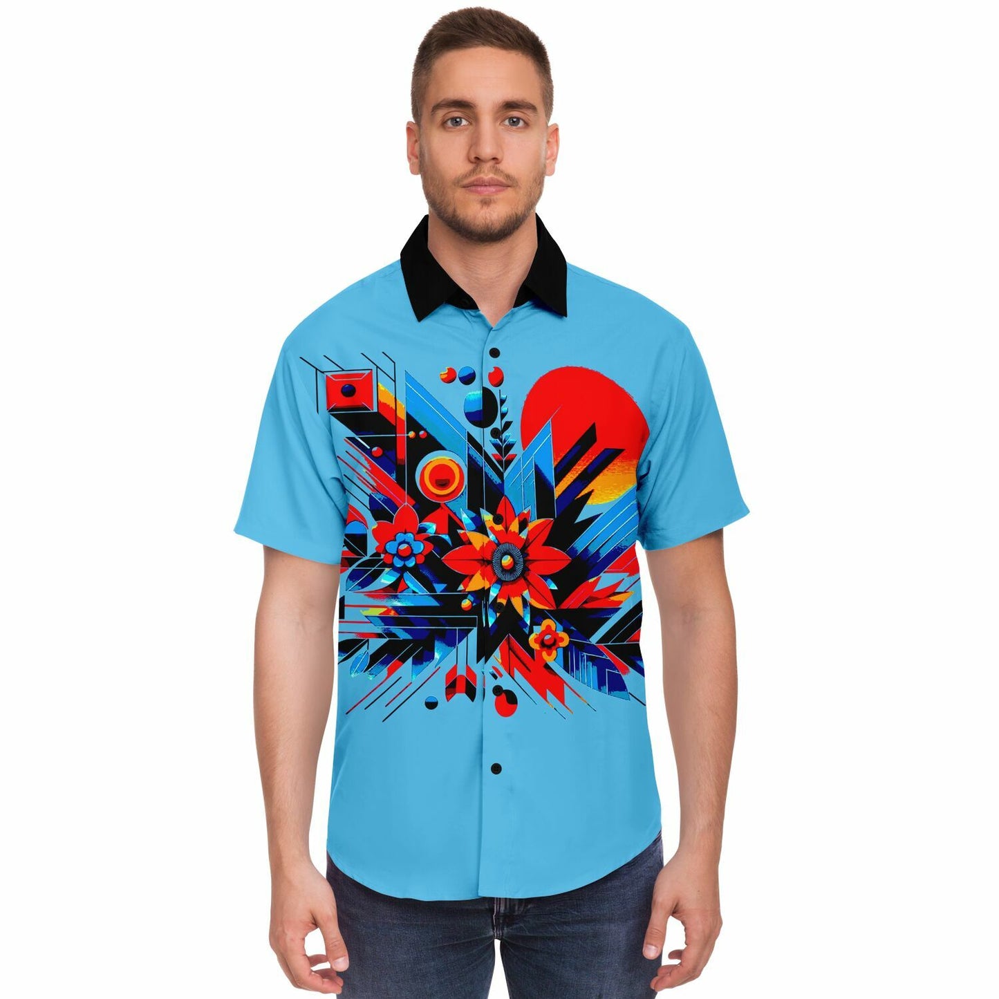“Kaleidoscopic Bloom: Men’s Vibrant Geometric Floral Short Sleeve Button Down Shirt”