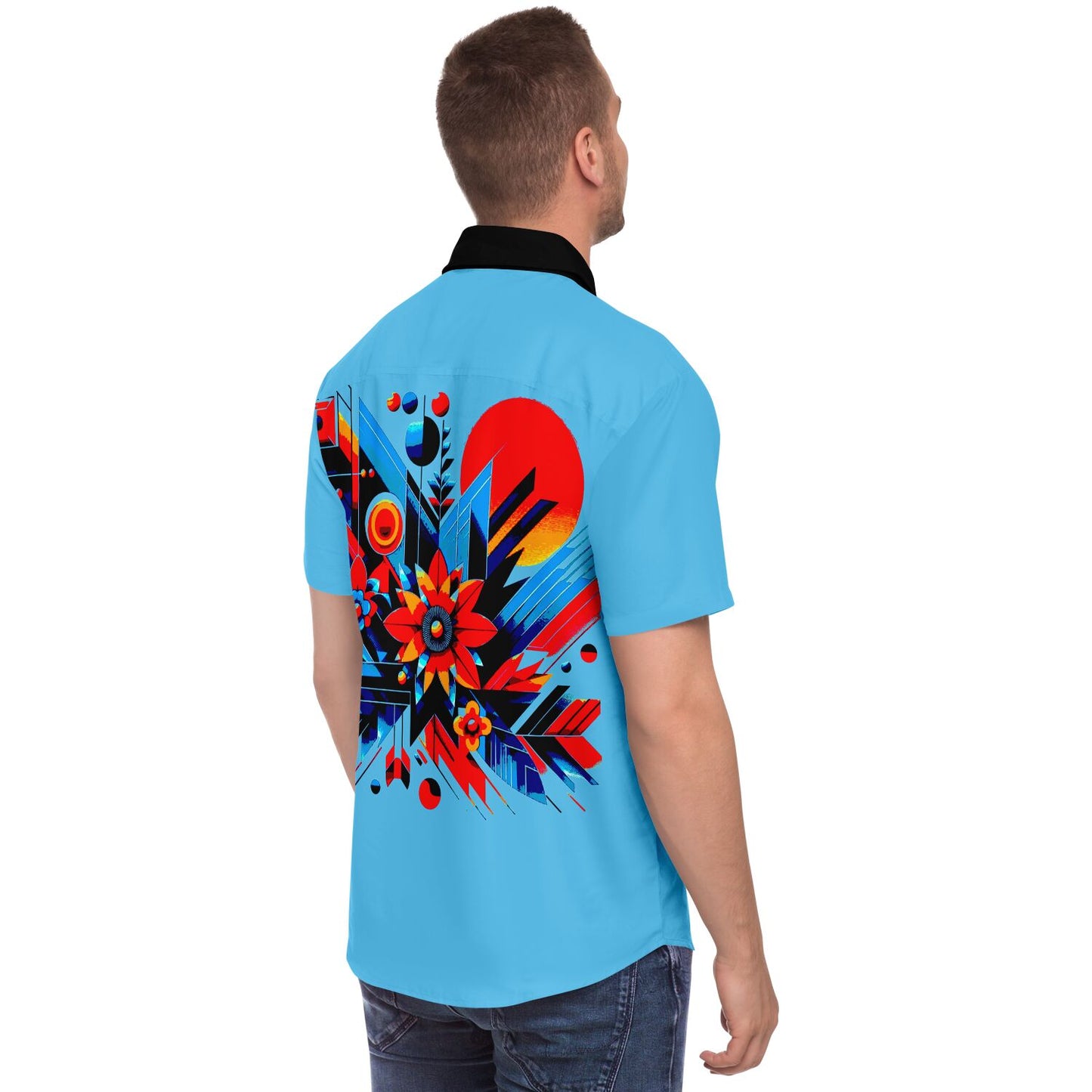 “Kaleidoscopic Bloom: Men’s Vibrant Geometric Floral Short Sleeve Button Down Shirt”