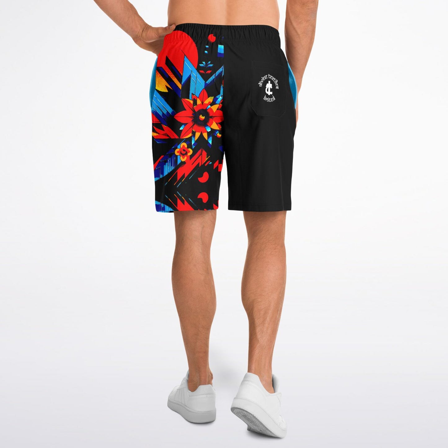 Kaleidoscopic Bloom: Men’s Vibrant Geometric Floral Fashion Long Shorts - AOP