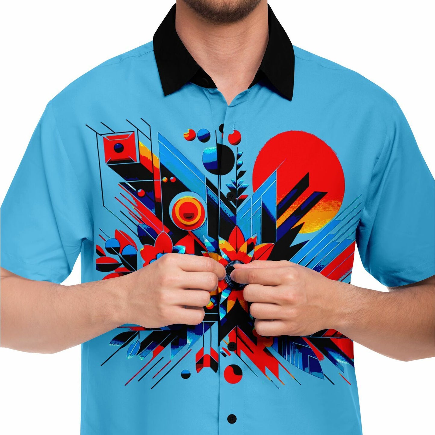 “Kaleidoscopic Bloom: Men’s Vibrant Geometric Floral Short Sleeve Button Down Shirt”