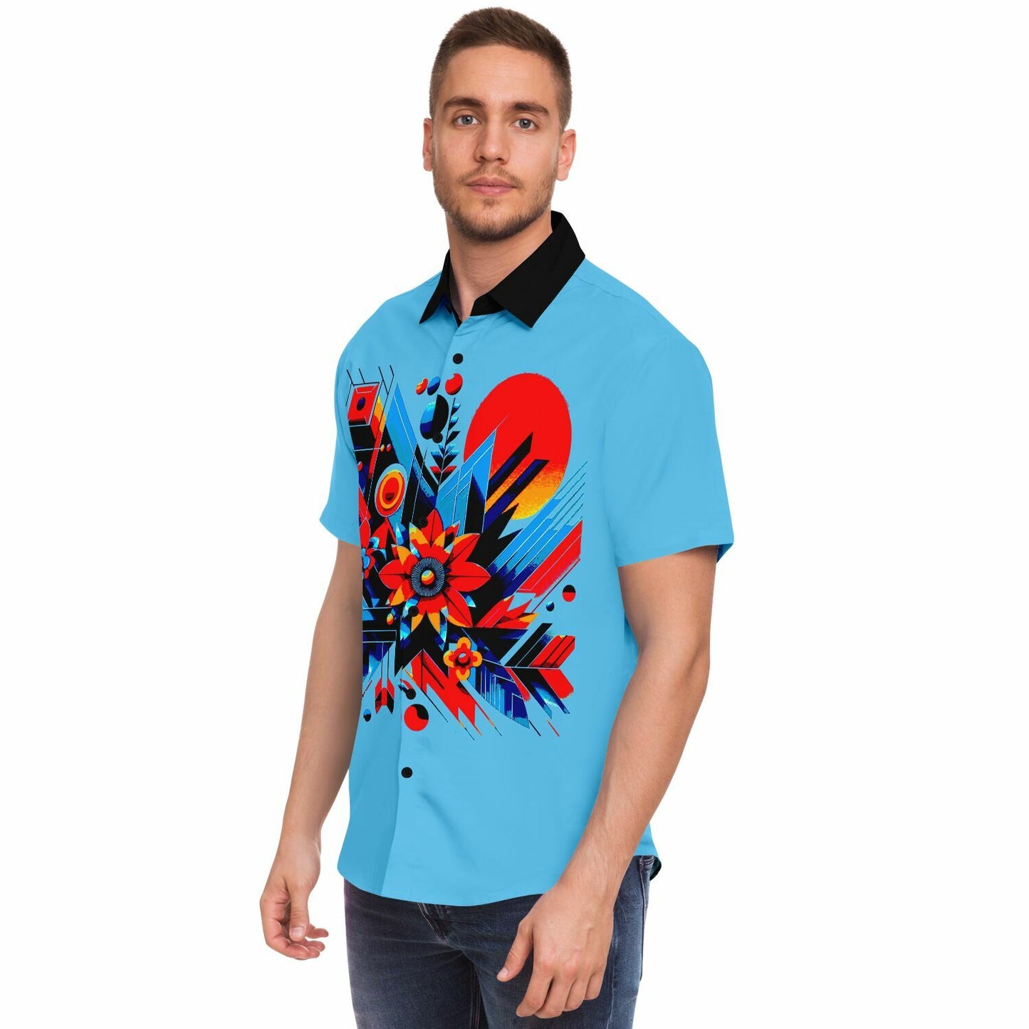 “Kaleidoscopic Bloom: Men’s Vibrant Geometric Floral Short Sleeve Button Down Shirt”