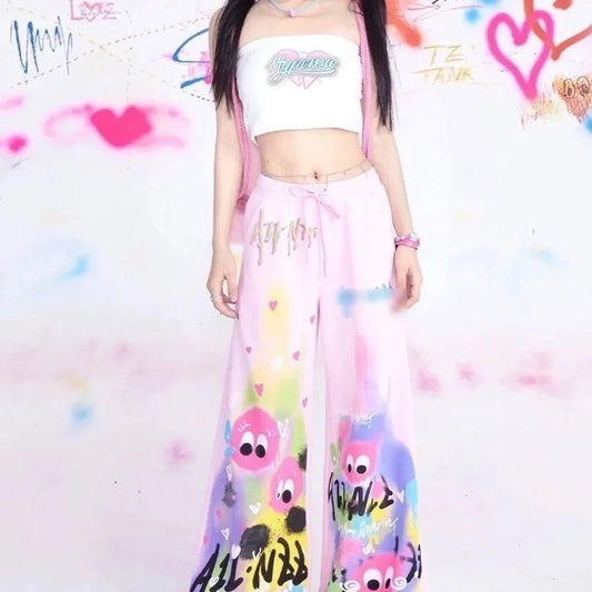Graffiti Wide-Leg Pants – Y2K Harajuku Streetwear Aesthetic