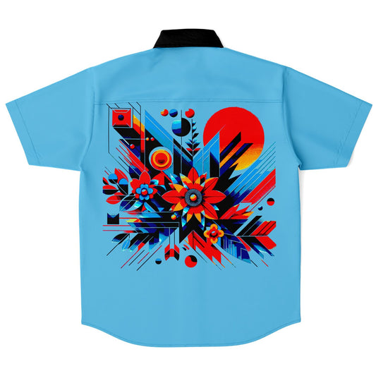 “Kaleidoscopic Bloom: Men’s Vibrant Geometric Floral Short Sleeve Button Down Shirt”