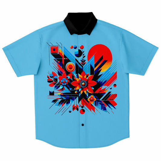 “Kaleidoscopic Bloom: Men’s Vibrant Geometric Floral Short Sleeve Button Down Shirt”