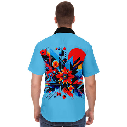 “Kaleidoscopic Bloom: Men’s Vibrant Geometric Floral Short Sleeve Button Down Shirt”
