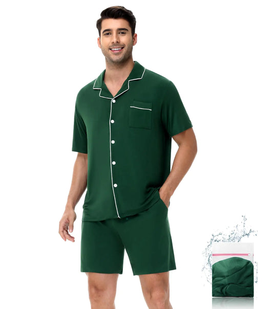YOPUGEE Mens Pajama Set Short Sleeve 2PCS Sleepwear Button Down Loungewear Set Soft Modal Pj Set with PocketsGreen-XL