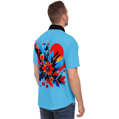 “Kaleidoscopic Bloom: Men’s Vibrant Geometric Floral Short Sleeve Button Down Shirt”